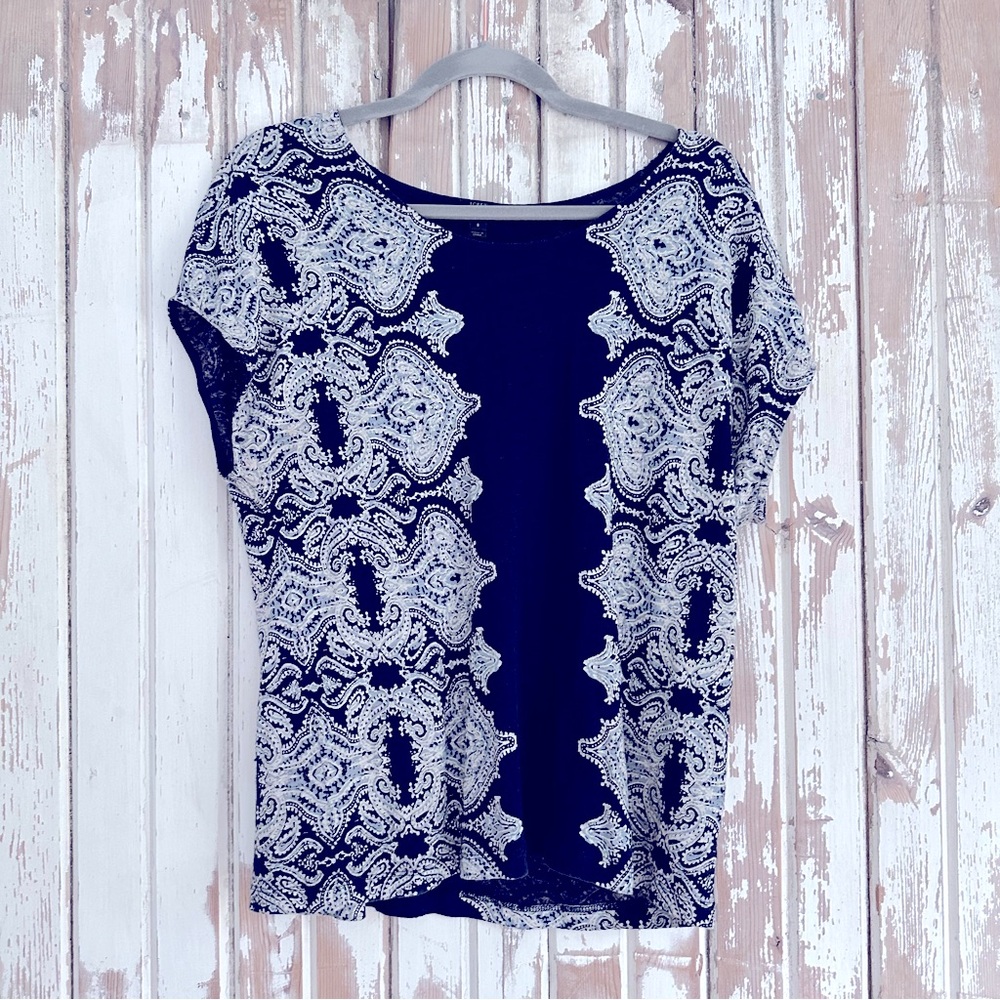 J. Crew 100% Linen and Navy Patterned Short Sleeve Top, Size Small